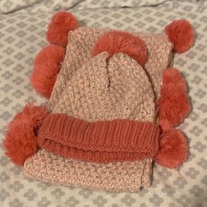 BCBGirls Youth multicolored hat and scarf set with Pom poms.